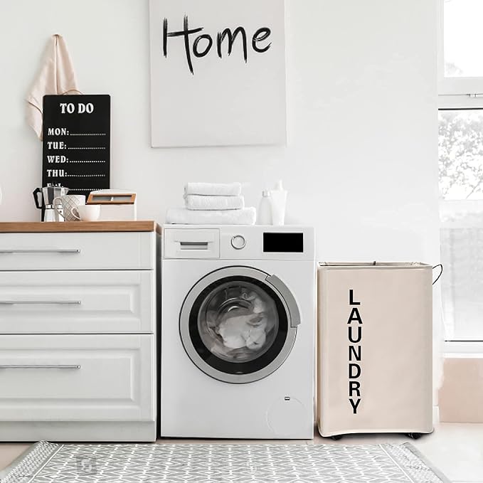 92L Large Laundry Hamper with Leather Handle,Standable Laundry Basket with Wheels ,Large Hamper,Rolling Laundry Basket White - Image 4