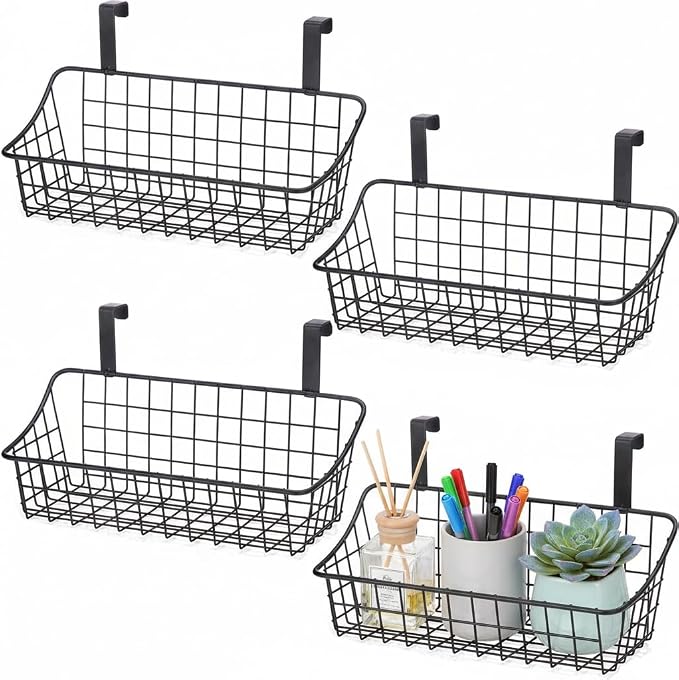 LeleCAT Cabinet Door Organizer Basket with hook Grid Storage Basket, Hang it behind a door or on a railing,BLack,4 Pack by HomeSpaceStorageBasket