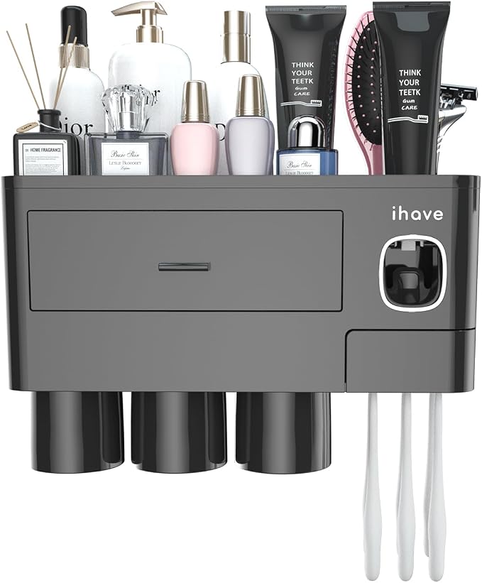 iHave Toothbrush Holders Wall Mounted with Toothpaste Dispenser & 3 Cups - Image 3