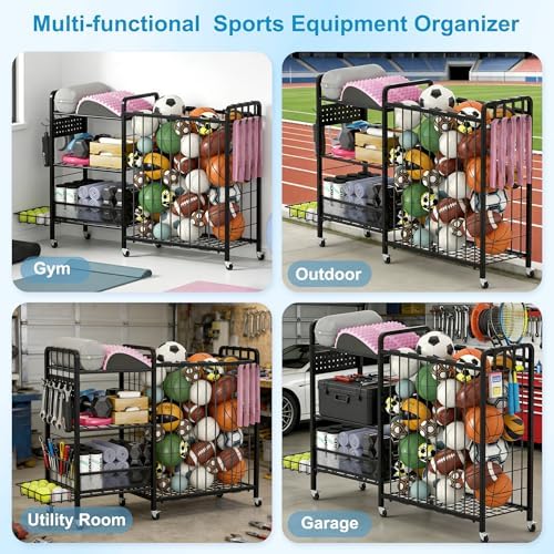 Sports Equipment Garage Organizer,Garage Ball Storage Rack for Sports with Wheels-Upgraded 3 Layers Organizer Rack Outdoor Basketball Racks for Balls with Holder and Hooks (Deep Black) - Image 5