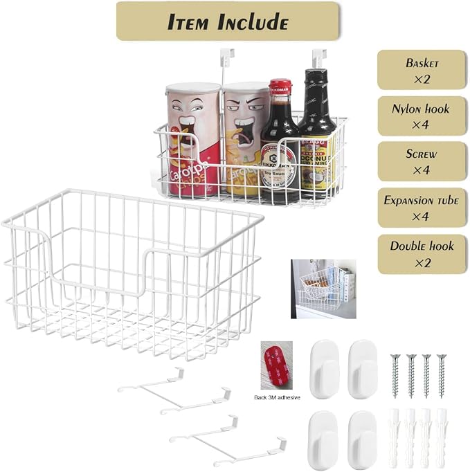 JUNCHU CHERRY Wire Storage Basket 2 Packs, Wall Mounted Kitchen Bathroom, Hanging Cabinet Door Storage Basket, no Drilling, Supporting 2 Types of Hooks, Strong Bearing, Suitable for Home, White - Image 2