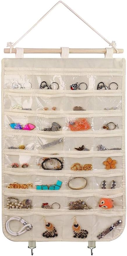 BB Brotrade Hanging Jewelry Organizer,Accessories Organizer,32 Pocket Organizer for Holding Jewelries (Beige-32 Pockets) by BBBrotrade