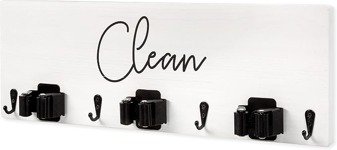 Ilyapa Wall Mount Broom Holder, White Wooden Mop Storage by Ilyapa