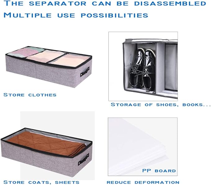 AARAINBOW 2 Packs Foldable Under Bed Clothes Organizer with Lids, Underbed Storage Container with Adjustable Dividers, UnderBed Storage Bins with Handles and Clear Window (Gray+Light Gray) - Image 6