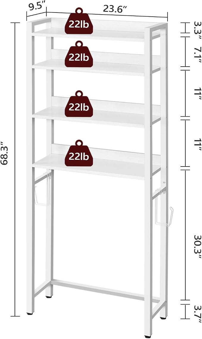 MAHANCRIS Over The Toilet Storage Rack, 4 Tier Bathroom Organizer Over Toilet, Freestanding Space Saver Toilet Stand with 2 Hooks, Bathroom Storage Shelf, Easy to Assemble, White TSBW0401 - Image 2