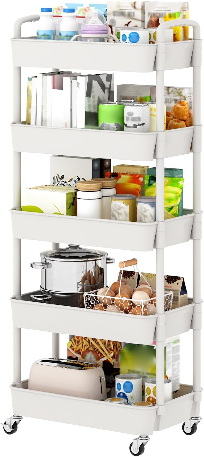 Sywhitta 5-Tier Plastic Rolling Utility Cart with Wheels for Storage,White by haseverythingyouneed