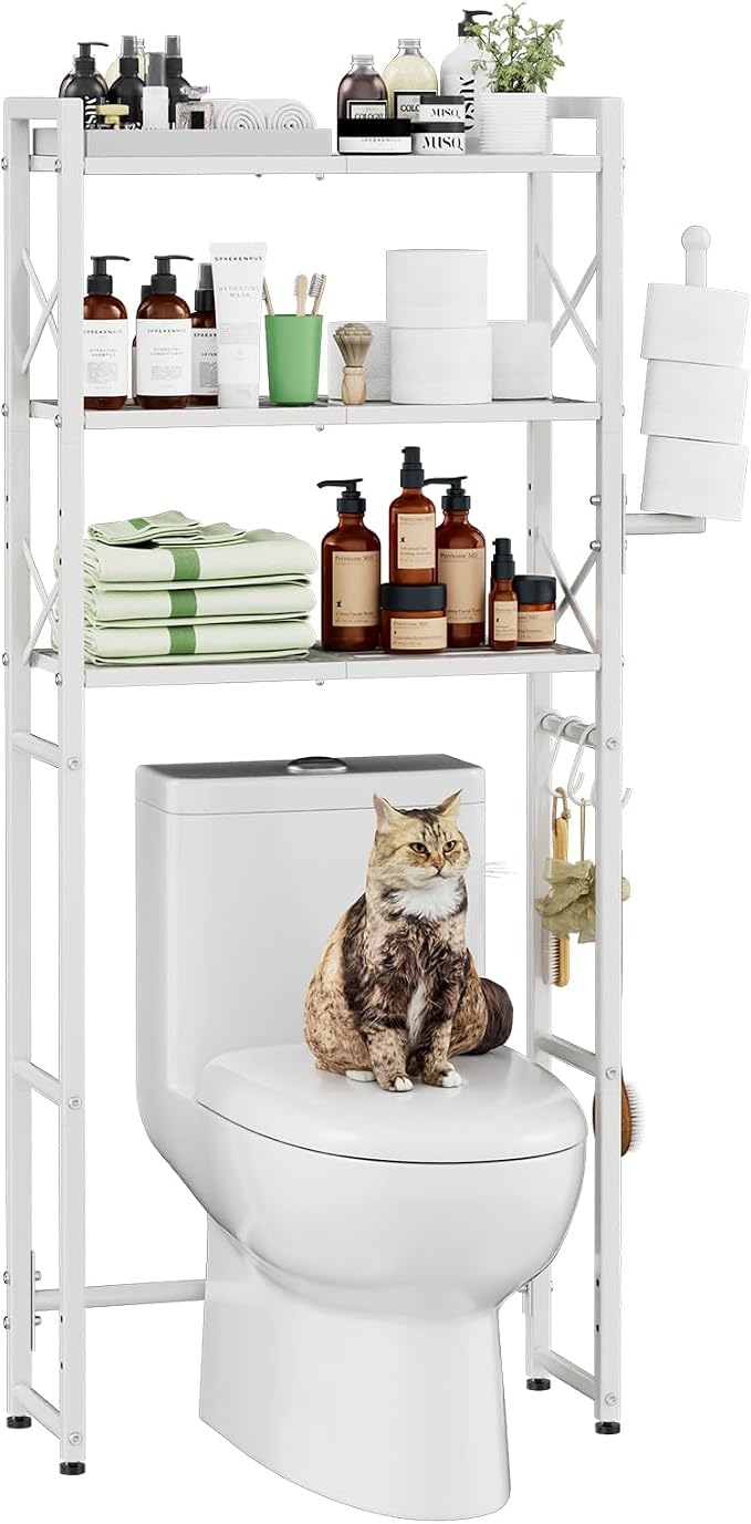 Simple Trending Over The Toilet Storage Rack with Toilet Paper Holder, Heavy Duty Metal 3 Tier Bathroom Organizer Shelf with 3 Hooks, White by SimpleTrending