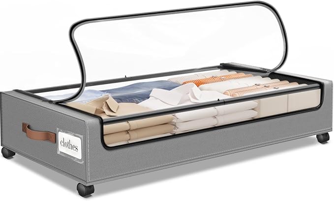 Under Bed Storage with Wheels 1Pack Storage Containers with Clear Window | Under Bed Drawers Rolling Under Bed Storage for Clothes,Shoes, Blankets (30.71 x 16.93 x 6.69 in, Light Grey) by SpaceHacks