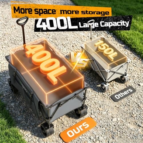 400L Folding Wagon Cart with Brakes & Removable Table, 500lbs Heavy Duty Collapsible Wagon, Big All-Terrain Wheels for Camping, Sports, Grocery, Outdoor - Gray - Image 3