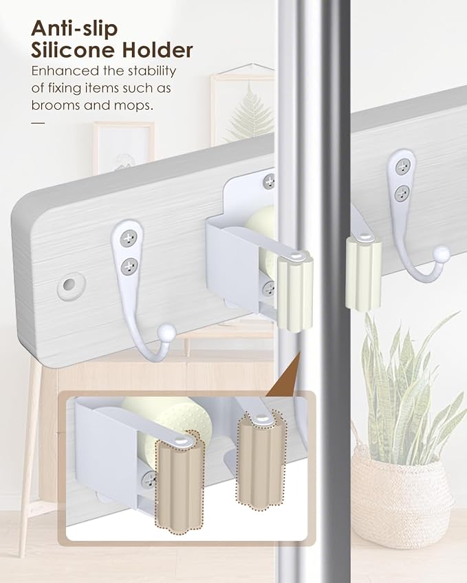 AceMining White Broom Holder Wall Mount, 4 Holders 4 Hooks Mop Holder - Image 3