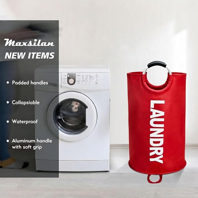 Maxsilan 90L Large Laundry Basket Bag, Collapsible Tall Hamper, Red - Image 2