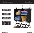 ClosetMaid 4-Shelf Fabric Hanging Closet Organizer with Garment Rod for Shirts, Sweaters, Pants, Hats, Shoes, Purses with Charcoal Black Finish - Image 4