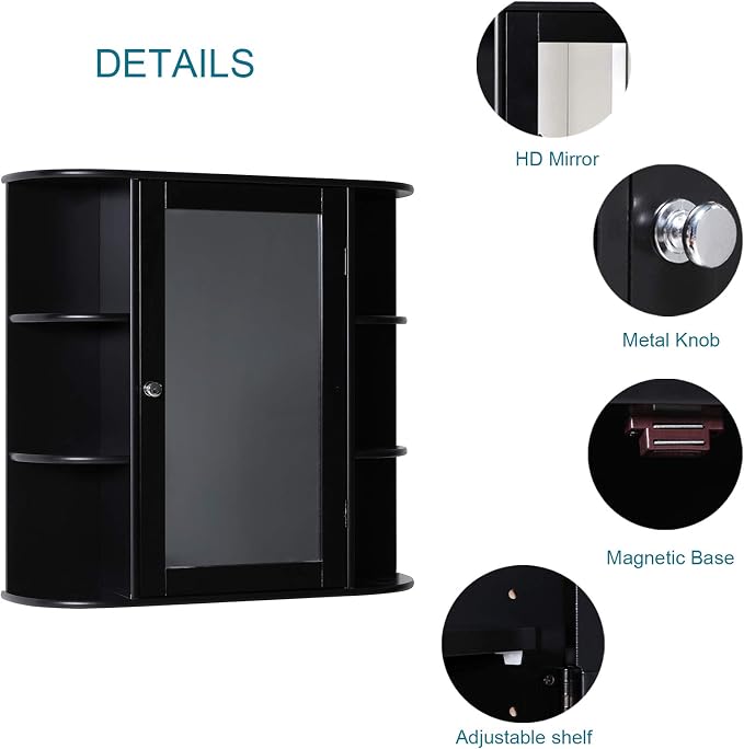Iwell Bathroom Medicine Cabinet with Mirror, Wall Cabinet with 2 Adjustable Shelves & 6 Open Shelves, Bathroom Cabinet Wall Mounted, Over The Toilet Space Saver Storage Cabinet, Black - Image 6