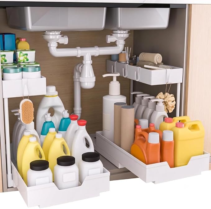 NATURE'S SOURCE 2-Tier Under Sink Organizers and Storage 2 Pack Sliding L-shape Under Cabinet Organizers For Narrow Space Multi-purpose Sink Organizer for Bathroom Kitchen Drawer(White 2 Pack) by NATURESSOURCE