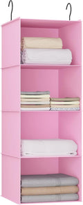 Hanging Closet Organizer 4-Shelf, Oxford Fabric Wardrobe Storage, Pink | Easy-mount foldable design holds clothes, handbags, shoes & accessories; washable Oxford fabric, sturdy and space-saving. by DonYeco