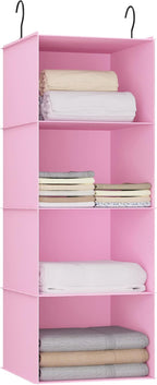 Hanging Closet Organizer 4-Shelf, Oxford Fabric Wardrobe Storage, Pink | Easy-mount foldable design holds clothes, handbags, shoes & accessories; washable Oxford fabric, sturdy and space-saving. by DonYeco