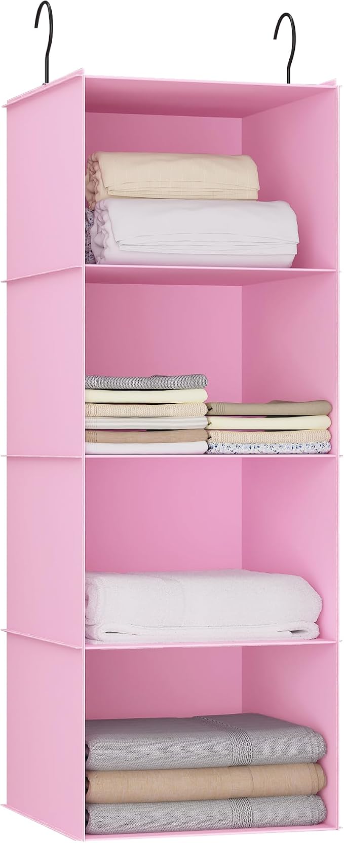 Hanging Closet Organizer 4-Shelf, Oxford Fabric Wardrobe Storage, Pink | Easy-mount foldable design holds clothes, handbags, shoes & accessories; washable Oxford fabric, sturdy and space-saving. by DonYeco