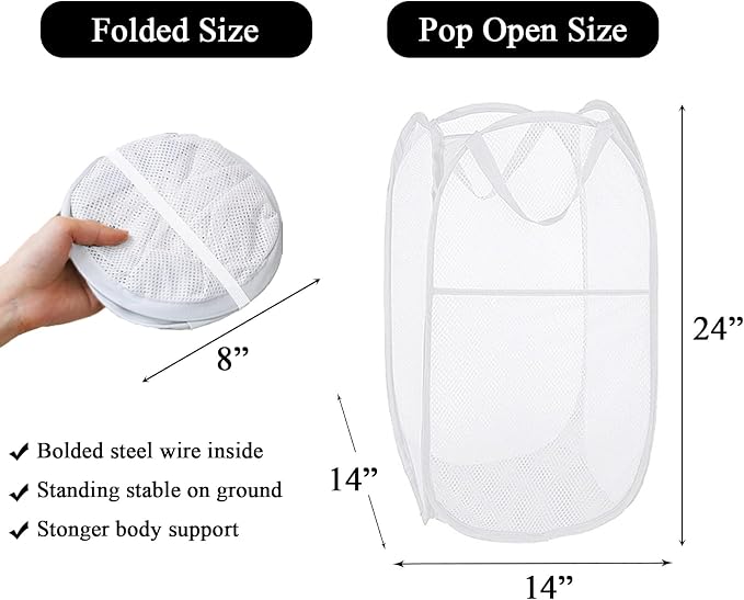 Larpur Pop Up Laundry Basket, Collapsible White Mesh Clothes Hamper Storage - Image 2