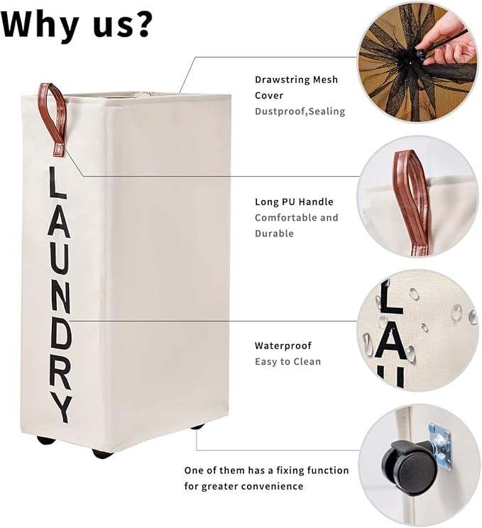 70L Large Rolling Laundry Hamper - Tall Narrow Basket With Wheels, Slim Clothes Bin, 27.5" Beige - Image 4