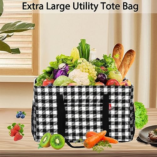 Extra Large Utility Tote Bag, Foldable Reusable Grocery Bags with Metal Wire Frame & Reinforced Bottom Board, Stand up Large Utility Tote for Groceries, Beach Bag, Laundry, Car (Cube Plaid) - Image 6