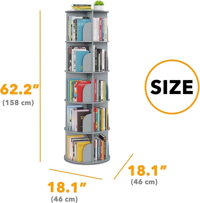 SpaceAid 5 Tier Rotating Bookshelf Tower, Spinning Bookcase Lazy Susan, Revolving 360 Book Shelf Storage Round Carousel, Vertical Rotate Turning Spiral Corner Organizer, Gray - Image 2
