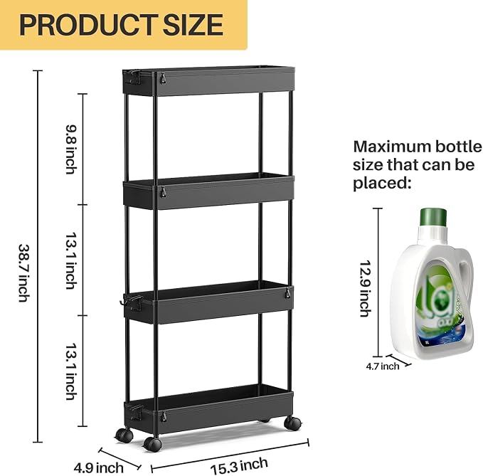 SPACEKEEPER Slim Rolling Storage Cart, 4 Tier Bathroom Cart Organizer,Black - Image 2