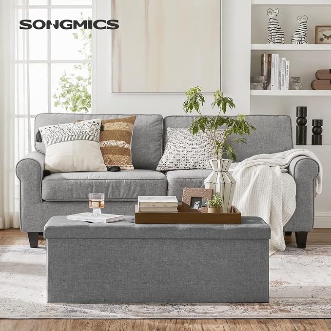 SONGMICS 43.3 Inches Folding Storage Ottoman Bench, Load 660 lb | Ottoman Foot Rest, Storage Chest, for Living Room, Entryway, Dove Gray and Ink Black, MINOTA Collection ULSF77G - Image 2