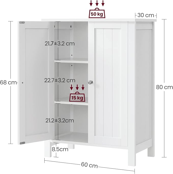 VASAGLE Bathroom Floor Storage Cabinet, Adjustable Shelves, Cloud White - Image 6