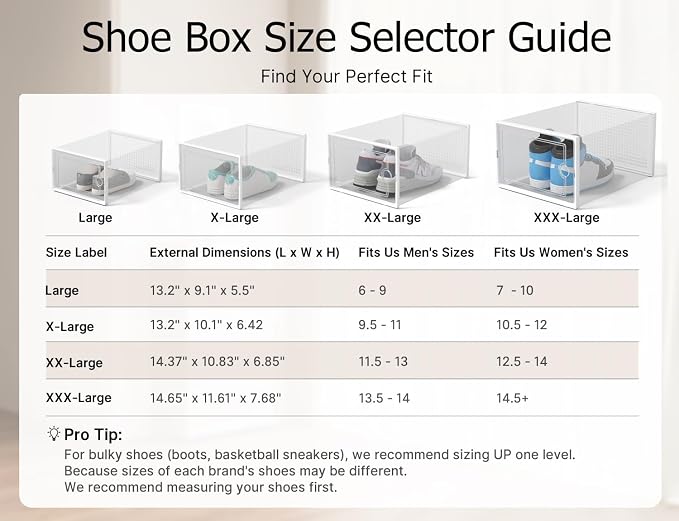 Kuject XX-Large Shoe Storage Boxes 12 Pack, Clear Stackable Shoe Organizer | Shoe Case for Closet, Entryway & Under-Bed Storage, Drop-Front Design, Space-Saving Solution for Family Organization,White - Image 9