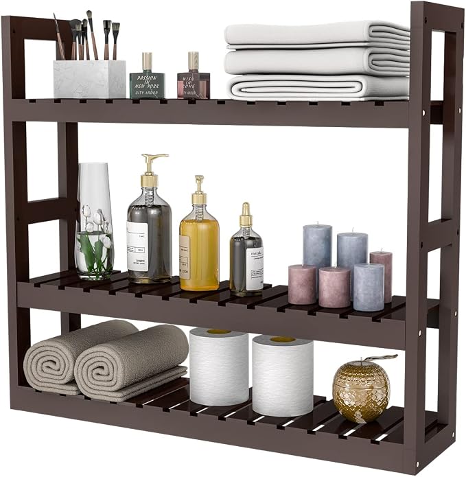 Domax Bamboo Bathroom Shelf 3-Tier Wall Mount Storage Rack Multifunctional Adjustable Layer Free Standing Over Toilet Utility Shelves Living Room Kitchen (Brown) by Domax
