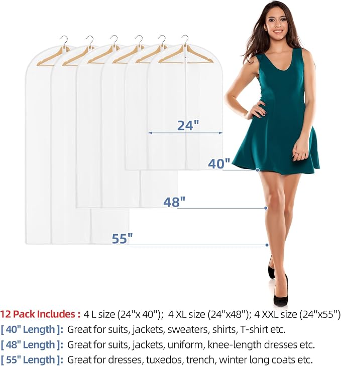 12 Packs All Clear Garment Bags for Hanging Clothes, Suit Bags for Closet Storage, Plastic Waterproof Suit Cover Bags with Zipper for Coats, Jackets, Dresses (24" x 40" & 48" & 55") - Image 6