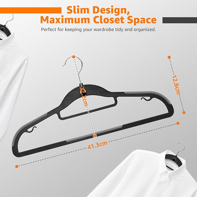 Plastic Hangers 20 Pack, Cascading Slim Space Saving Clothing Hangers with 360° Rotating Hook, Non Slip Clothes Hangers for Sweater Shirt, Heavy Duty Coat Hanger with Inner Hook for Closet, Black/Grey - Image 2