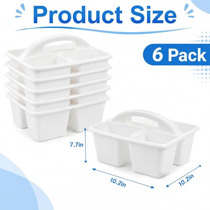 6 Pack 4 Compartment Classroom Caddy with Handle, White - Image 2