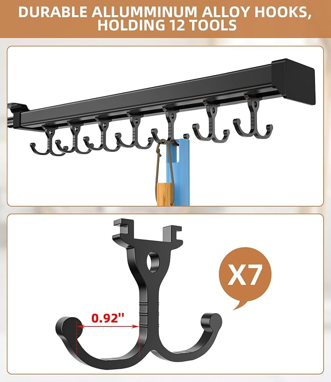 Pull Out Broom Holder With Adjustable Double Row Sliding Hook-Black 16.14in - Image 3