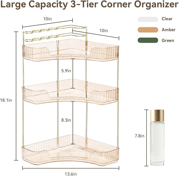 3-Tier Corner Bathroom Counter Organizer with Makeup Brush Holder, Gold - Image 2