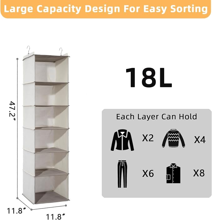 2 Packs Hanging Closet Organizer, 6-Shelf Closet Organizers and Storage with Side Pockets, Collapsible Hanging Shelves for Closet & RV & College Dorm,Beige - Image 2