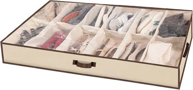Men/Adults 12 Cells See Through Underbed Shoe Storage Bag Organizer with black and white flower (beige) by Shonpy