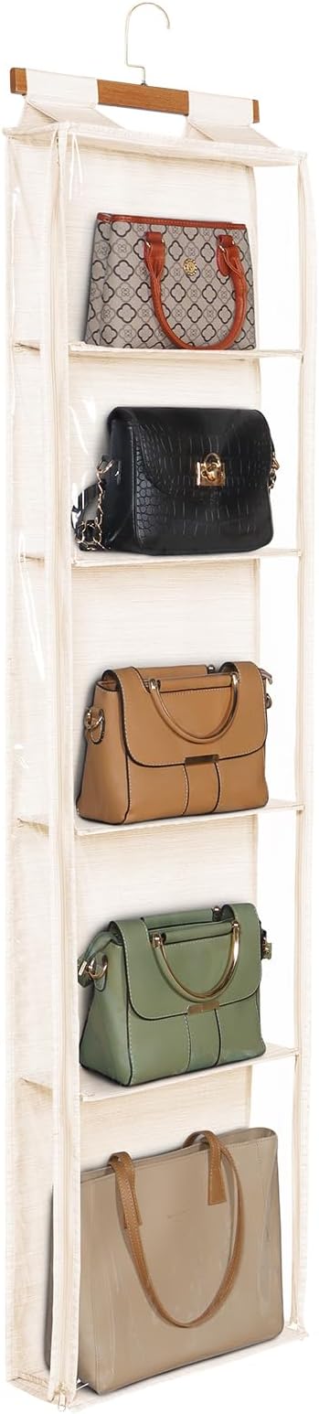 Syeeiex Over the Door Purse Organizer with Zippers, 5 Mesh Shelves, Beige by syeeiex