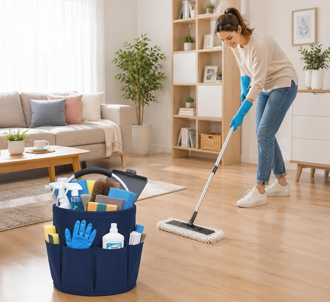 Cleaning Caddy with Handle, 17L Foldable Storage Basket, Heavy Duty 600D Oxford Cloth Organizer, Portable Supply Bag, Multi-Purpose Supplies Caddy for Home, Bathroom, Kitchen, Garden - Dark Blue - Image 6
