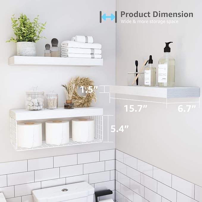QEEIG Bathroom Shelves Over Toilet - Wall Mounted Floating Shelves Toilet Paper Storage Small Farmhouse Decor Shelf 16 inch Set of 3, White (019-W3) - Image 3