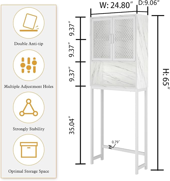 Launica Over the Toilet Storage Cabinet, Over Toilet Bathroom Organizer with Mesh Doors and Shelves, Freestanding Bathroom Storage Cabinet Above Toilet, Wood and Marble, White Marble - Image 2