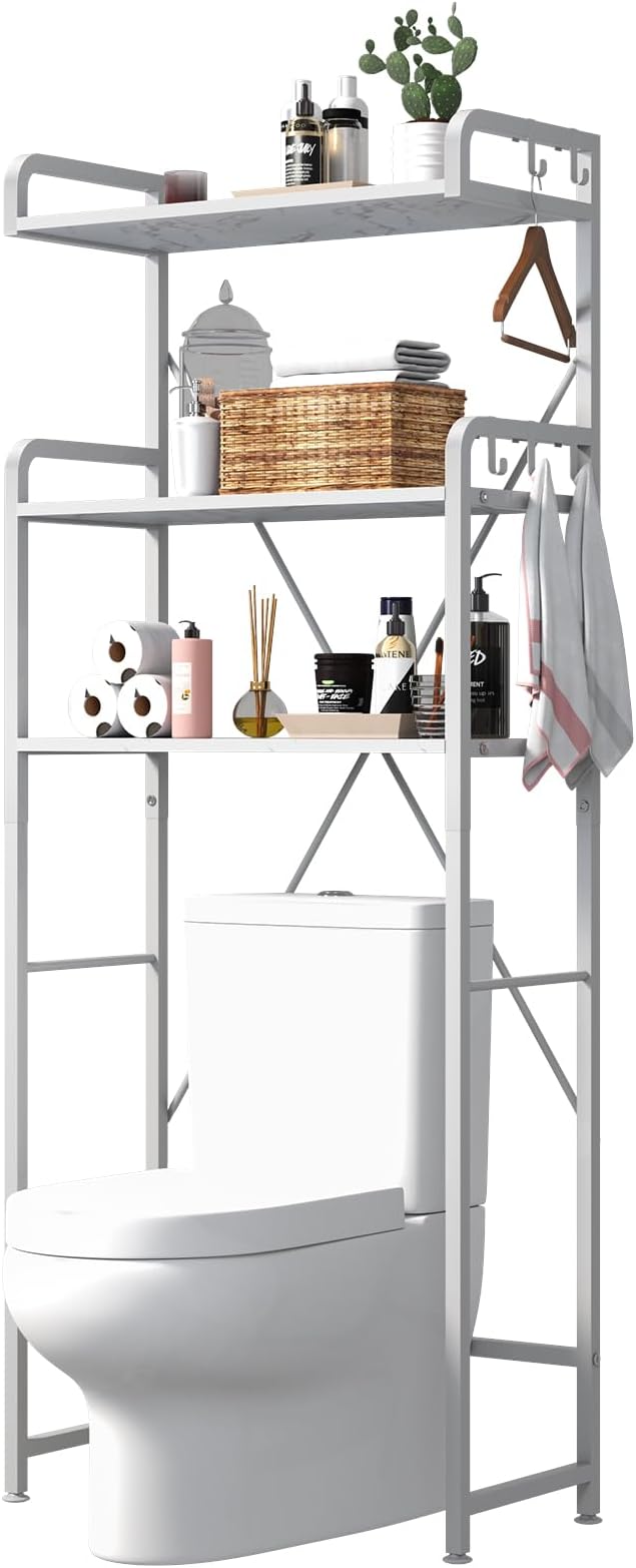 Huhote Over The Toilet Storage Rack with 3-Tier Bathroom Shelves, Space Saver Toilet Shelf, Bathroom Storage Organizer with Hooks for Over Toilet Storage and Bathroom Shelf (White Faux Marble) - Image 9