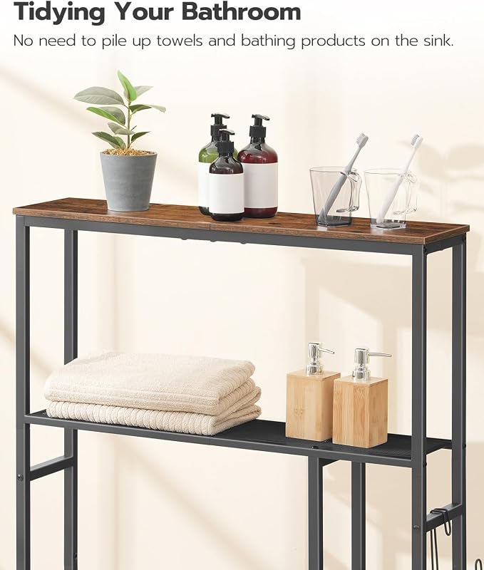 HOOBRO Over The Toilet Storage Cabinet, Freestanding Bathroom Organizer with Toilet Paper Holder, Hooks, 5-Tier Bathroom Storage Shelves for Laundry Room, Space Saver, Rustic Brown and Black BF84TS01 - Image 7