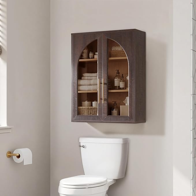 Bathroom Wall Cabinet, 23.5×31.4'' Storage Cabinet, Arched Cabinet Wall Mount with Adjustable Shelf & Glass Doors, Medicine Cabinet for Laundry Room, Bathroom, Kitchen, Living Room, Brown, 3 Pieces - Image 6