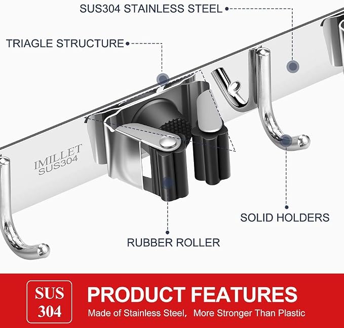 IMILLET 2 Pack Broom Holder Wall Mount Stainless Steel Mop Organizer - Image 2
