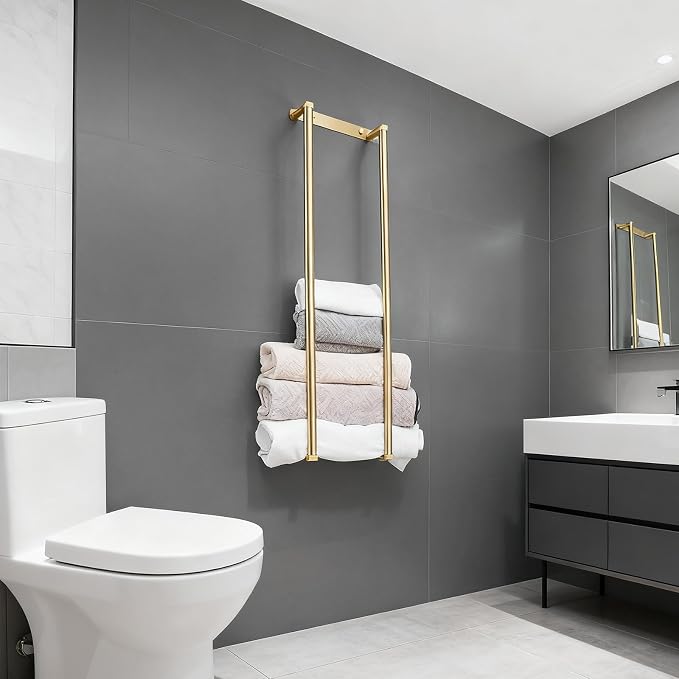 Towel Racks for Bathroom, NEWRAIN Stainless Steel Rolled Towel Storage Wall Mounted Bath Towel Holder for Folded Large Towel Washcloths, Bathroom Organizing Brushed Gold - Image 4