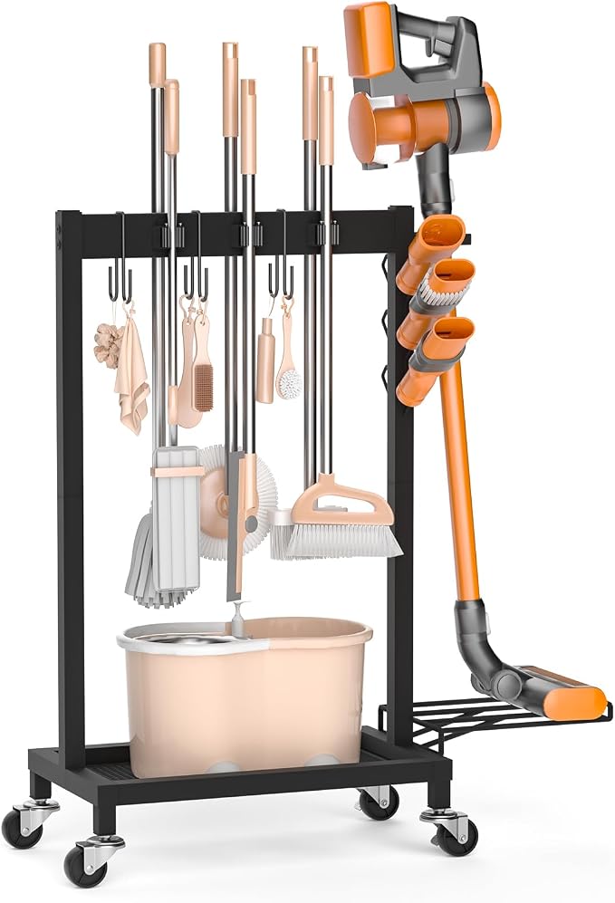 Broom Holder with Cleaning Supplies Organizer, 18" Wx11.8 Dx34.6 H by FLOUREEbyFetchHome