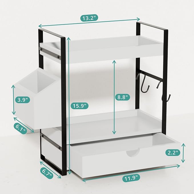 Kottwca 2-Tier Bathroom Counter Organizer with Drawer, Basket & Hooks, Wooden Vanity Shelf for Skincare, Perfume & Makeup Storage(White) - Image 3