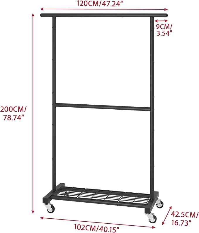 Sywhitta Double Rod Metal Clothing Rack on Wheels with Bottom Mesh,Black - Image 3