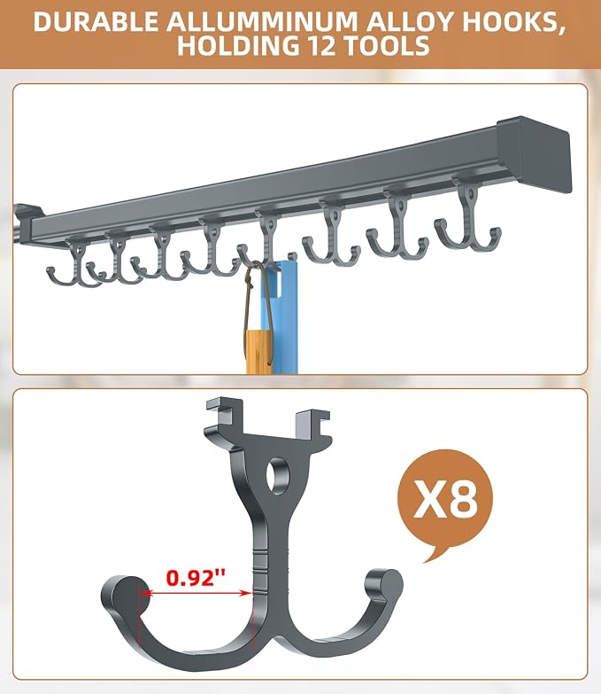 Pull Out Broom Holder With Adjustable Double Row Sliding Hook-Grey 18.11in - Image 3